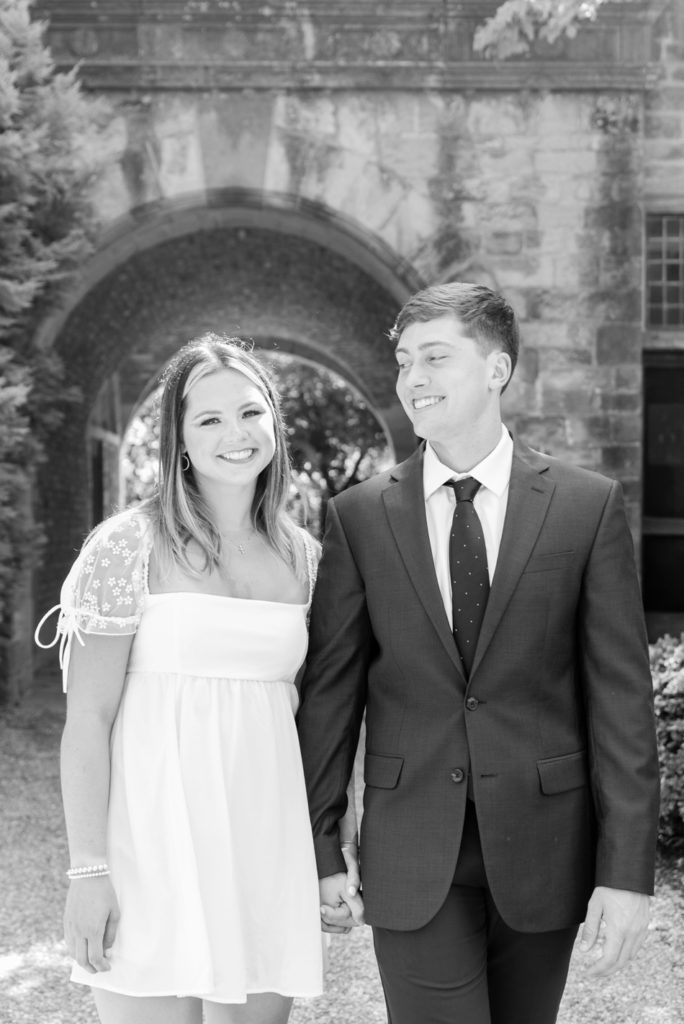 black and white image of engaged couple during engagement photos with wedding photographer in Virginia, Michelle Renee Photography at the Virginia House